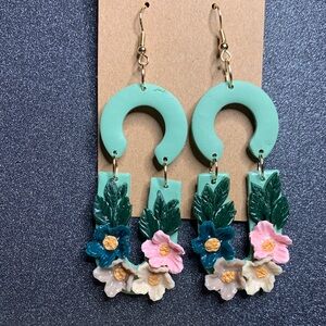 Floral Green and Pink Dangle Earrings